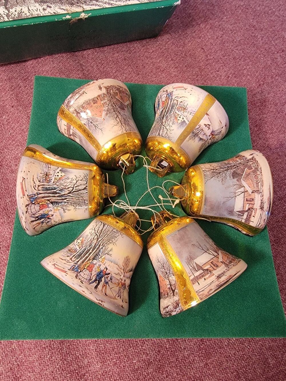 Vintage Currier & Ives Season's Greetings Plastic Bell Ornament Set of 6